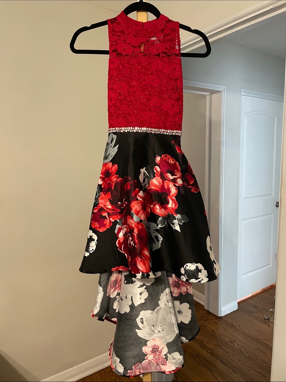 Speechless Red Lace Bodice Black Floral High-Low Dress